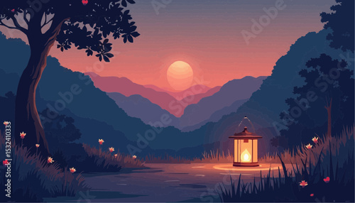Lantern Glows Near Water at Sunset in Mountain Landscape