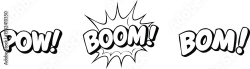 Comic boom cartoon effect line element set isolated on transparent background. Comic speech bubble pow, boom text, explosive splash smoke, wow cartoon vector icon. Hand drawn doodle explosive element