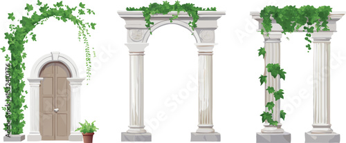 Greek arch pillar vector set isolated on transparent background. Roman antique architecture frame with stone column, vine. White marble door portal and green ivy plant