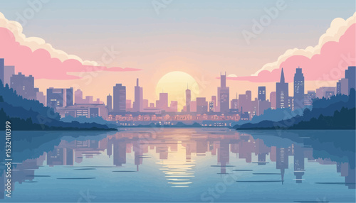 Cityscape skyline at sunset over water