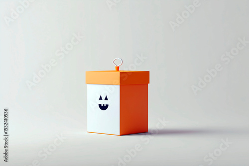 Minimalist orange and white gift box with jack-o'-lantern face and pull tab on neutral background