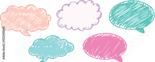 Pastel color crayon speech bubble set isolated on transparent background. hand drawn chat cloud shapes, dialog boxes, thought balloons. Communication design for comics cartoon conversations.