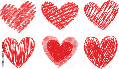 Red crayon heart collection with textured effect isolated on transparent background. Hand drawn romantic shapes in sketchy style showing different strokes and filling patterns. Scribbled love symbols 