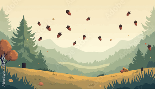 Acorn Falling Forest Landscape Illustration