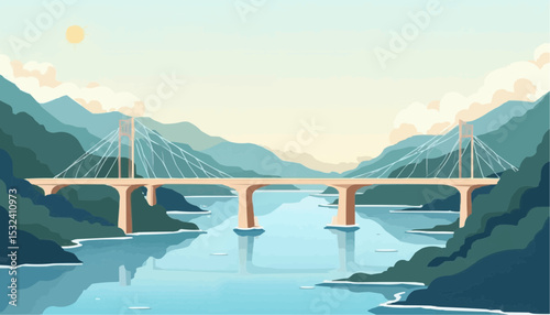 Bridge over water with mountain backdrop