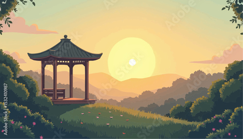 Gazebo at Sunset in Nature Landscape