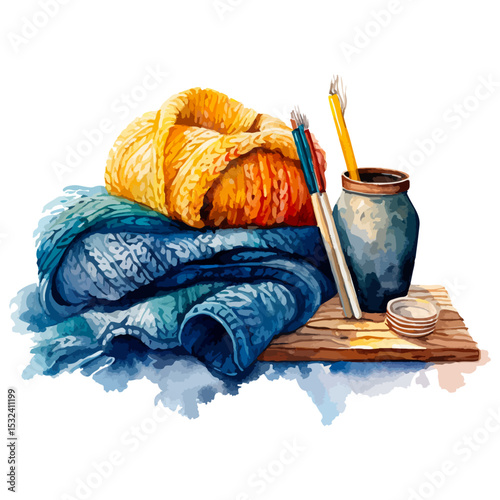 Knitting and Crochet Watercolor Clipart, yarn, needlework, beautiful knitting artwork