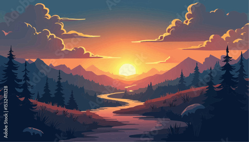 Mountain Landscape with River at Sunset