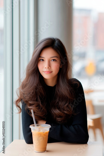 Young woman with long wavy hair sitting at a café table with iced coffee, natural light from large window in background