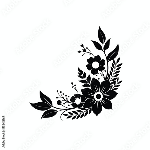 silhouette vector art of black floral corner design with leaves and flower accents on white background in Adobe Illustrator Artwork