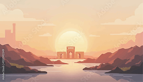 Ancient ruins at sunset over calm water