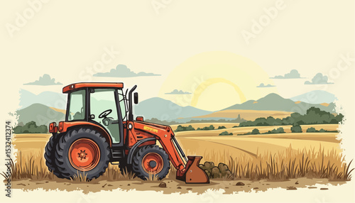Tractor in Field with Mountains and Sun