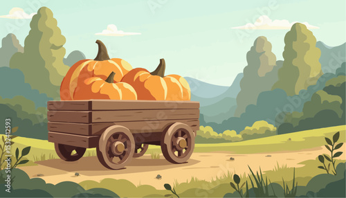 Pumpkins in Cart Autumn Landscape Vector Art