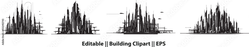Naklejka premium Black Silhouette of Sci-Fi City – Skyline with Antennas & Skybridges on White Background