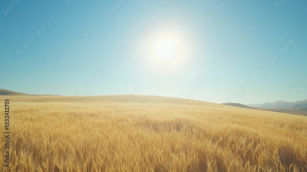 Golden Wheat Field Under Bright Sunlight with Clear Blue Sky, Scenic Rural Landscape in Warm Tones, Tranquil Nature Background for Agricultural Themes Golden Wheat Field Under Bright Sunlight with Clear Blue Sky, Scenic Rural Landscape in Warm Tones, Tranquil Nature Background for Agricultural Themes