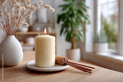 Calm workspace with a lit candle, incense sticks, and a vase of dried flowers in a cozy corner