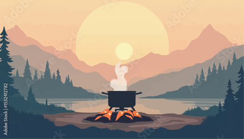 Campfire Cooking by Lake with Sunset and Mountains