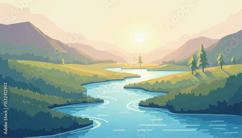 River Through Mountains With Sun