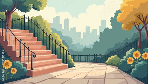 Park Stairs and Pathway with Cityscape Background