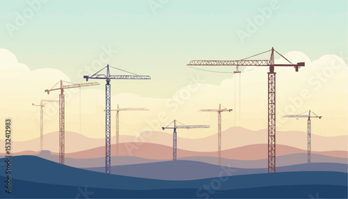 Construction cranes over hills landscape