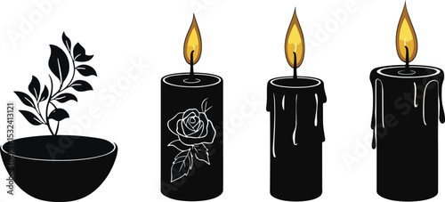 Candles and Potted Plant Vector Illustration on White Background.