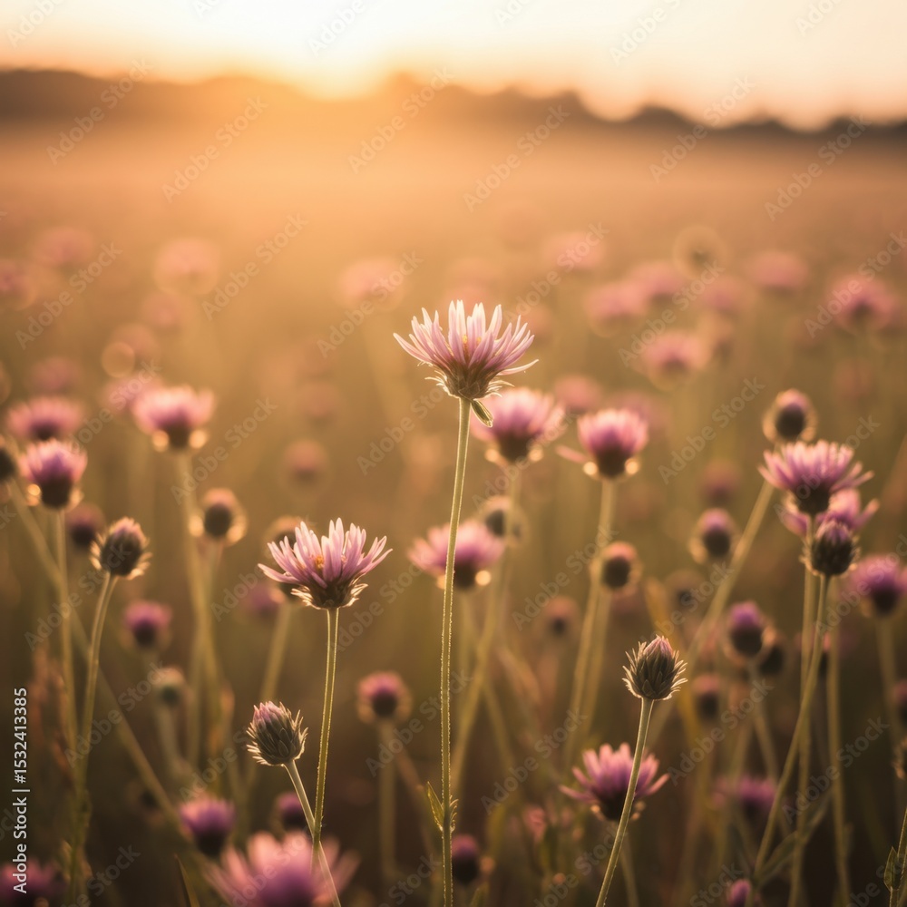 Obraz premium Golden Hour Meadow: Serene Sunset Landscape with Delicate Wildflowers