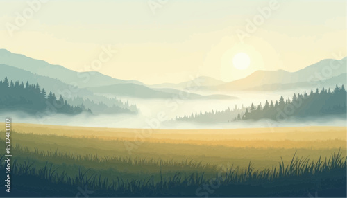Mountain view with forest and grass field