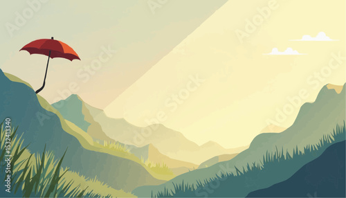 Umbrella on Hill Landscape Illustration