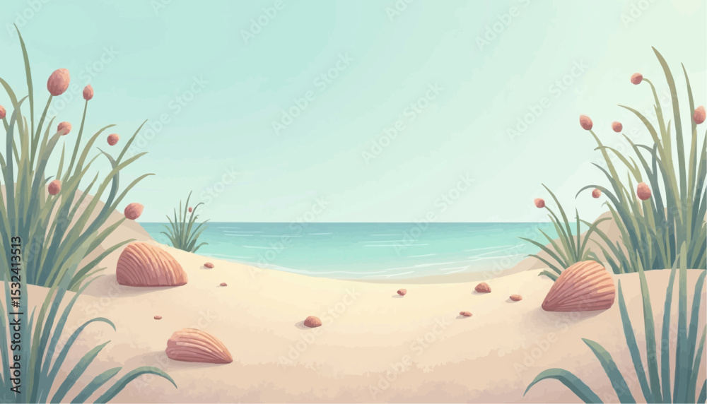 Fototapeta premium Beach with Shells and Grass Illustration