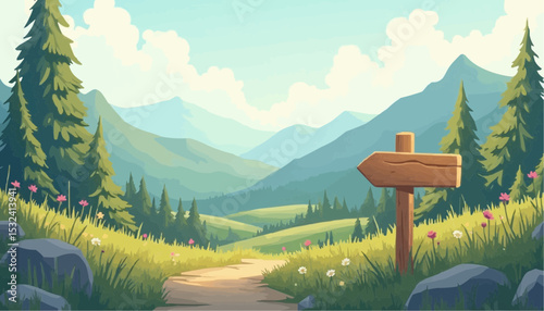 Mountain Path With Direction Sign In Nature