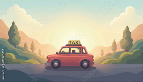 Red Taxi Car in Landscape Illustration
