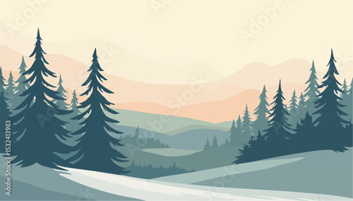 Winter landscape with pine trees and snowy hills