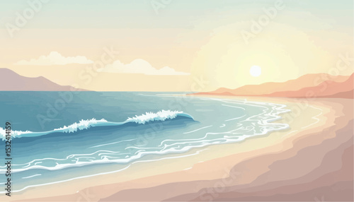 Ocean Wave on Sandy Beach at Sunset Illustration