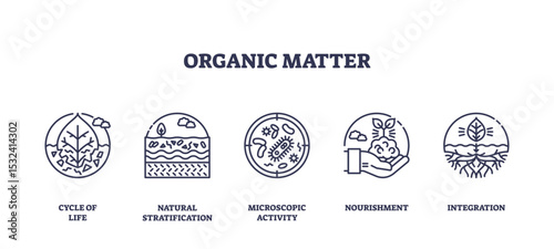 Organic matter is depicted with icons showing life cycle, soil layers, microbes, nourishment, and root integration, transparent background. Outline icons set
