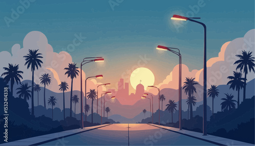Road with palm trees towards city at sunset illustration