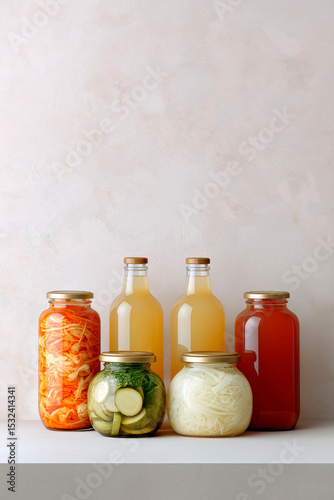 Assorted jars and bottles of fermented foods and drinks on white shelf with soft pastel background