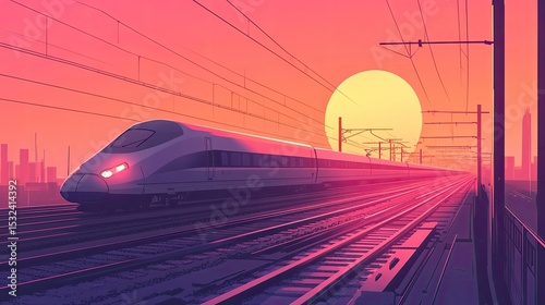 Modern high-speed train rushing through a vibrant sunset rail landscape with urban skyline in the background, showcasing technology and speed