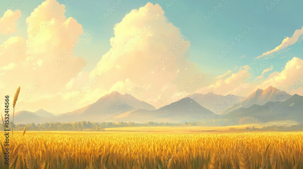 Obraz premium Serene Landscape with Wheat Field and Majestic Mountains Under a Bright Sky with Soft Clouds
