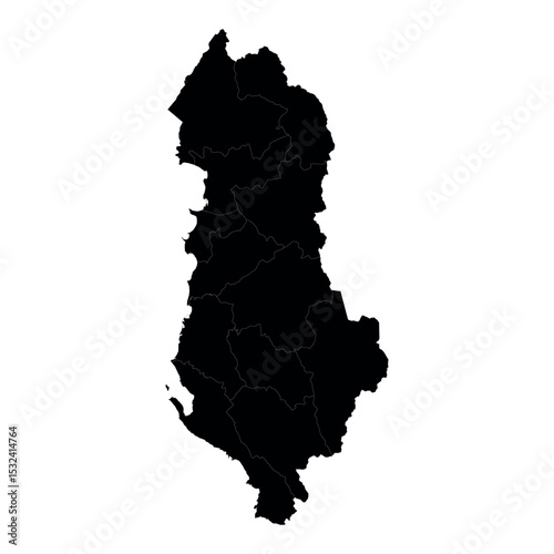 Silhouette map of Albania showcasing its regional boundaries in a minimalist black design, ideal for educational or geographical use