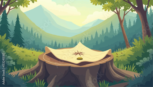 Forest map on tree stump cartoon