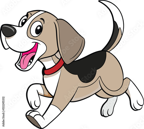 A happy cartoon-style Beagle dog running playfully with its tongue out and ears flapping