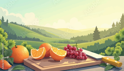 Orange and grape on chopping board with valley background