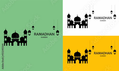Happy Ramadan Kareem, Illustration Picture with mosque. Ramadan Kareem Celebration Design Vector Illustration. Suitable for poster, greeting card, banner and cover.	