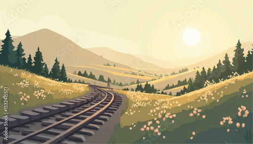Railroad track in field landscape at sunset