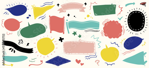 カラフルでポップな手書き風の吹き出し・フレーム・見出し素材イラストセット　ベクター
