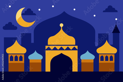 Night Scene of Majestic Mosque Islamic Architecture under Starlit Sky