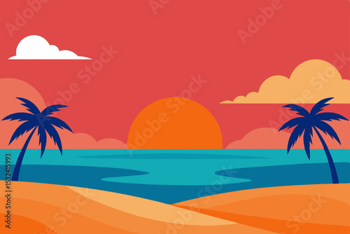 Sunset Beach Scene Tropical Paradise Illustration