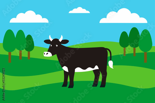 Happy Cow Grazing in a Lush Green Pasture Idyllic Farm Scene Illustration