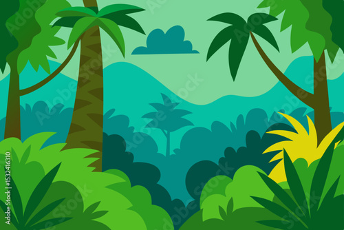 Lush Tropical Rainforest Landscape Palm Trees, Mountains, and Abundant Greenery
