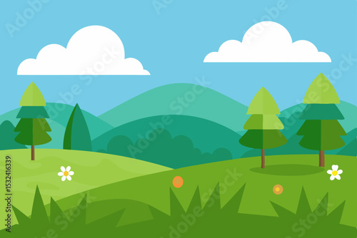 Serene Hills Landscape A Picturesque Green Meadow with Majestic Mountains